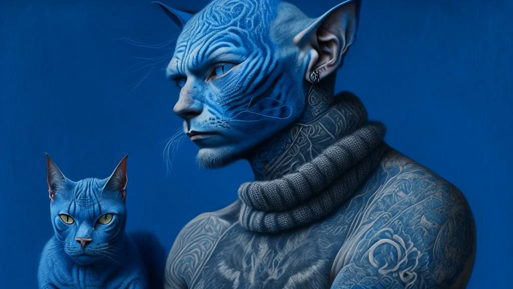 blue background, cat man, wool, fine drawing, high detail, 8K, man, tattoos, wool,