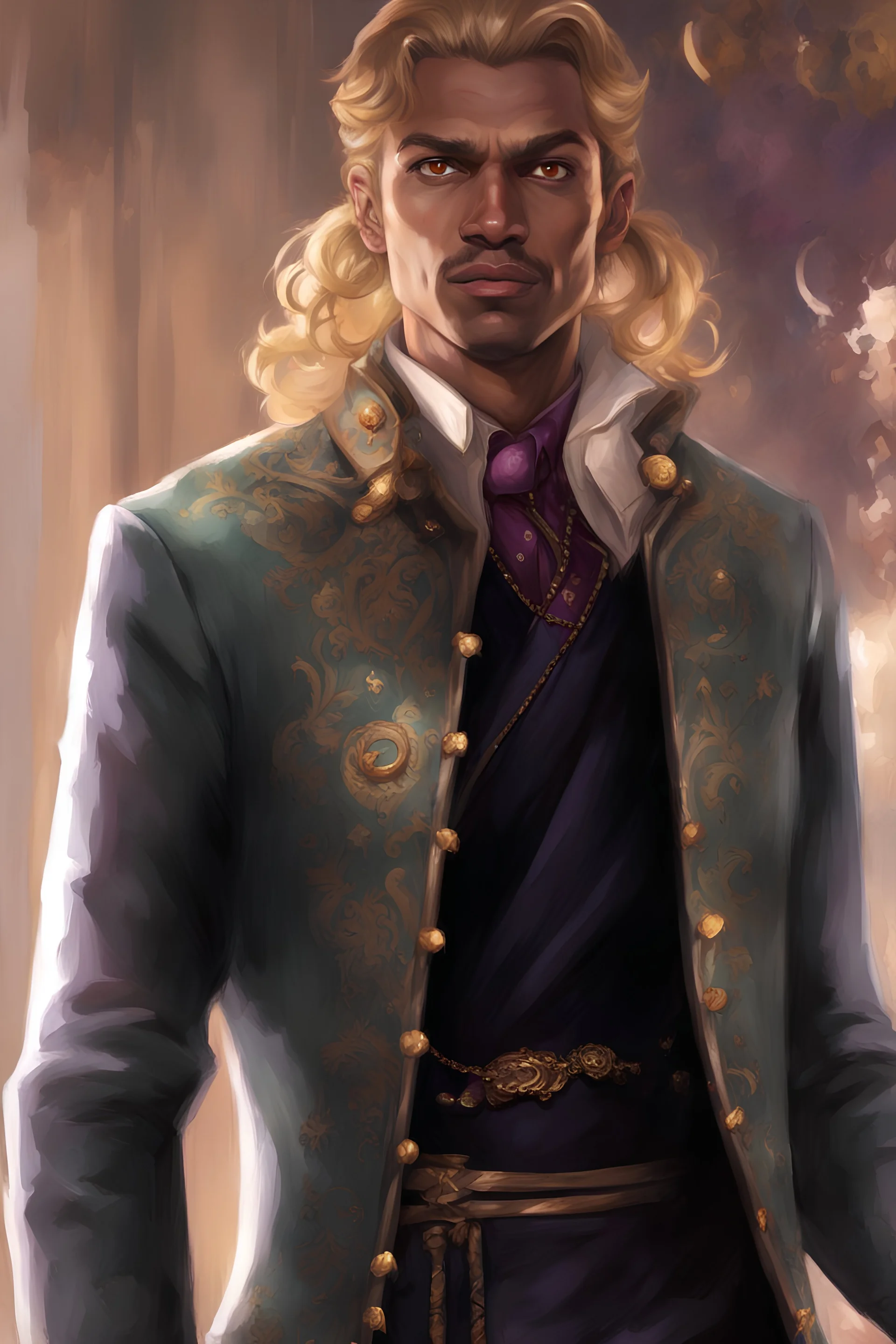 male, brown skin, tanned, blonde long hair, pony tail, green eyes, large iris, slender, light blue aristocrat coat with golden motif, dark purple shirt, brown expensive pants, brown boots with golden decoration, holding wine in a glass, single character, high class party background, smirking, realistic, realism