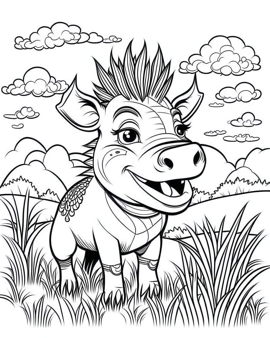 create a 2d black outline, "safari smiling cartoon warthog coloring book for adults", coloring page, low details design, black contour, coloring page design, simple background, colorful , card style, coloring page for kids, white background, sketch style, safari landscape, cartoon style