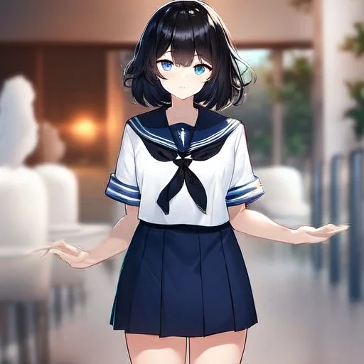 Clear focus,High resolution, Black short fluffy hair, and blue eyes, wearing a sailor uniform, must wear a short skirt with a horizontal line