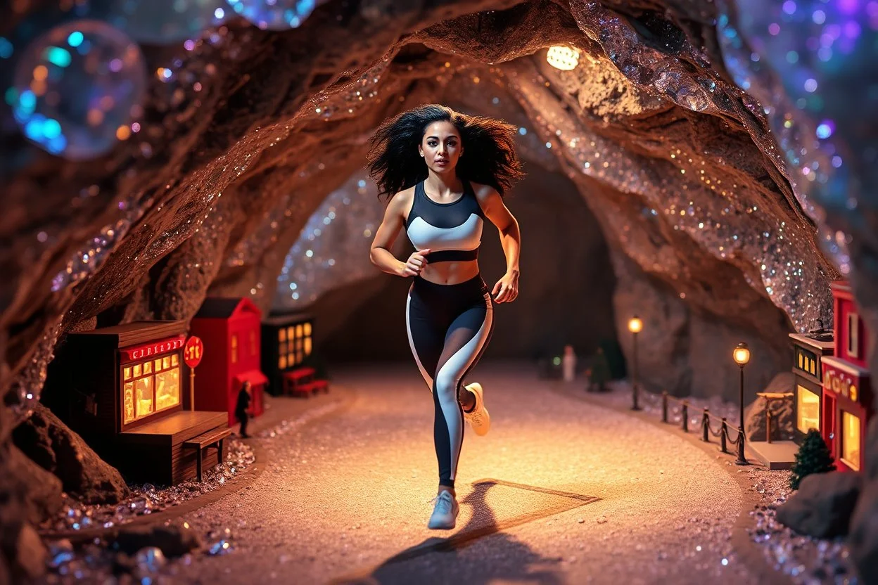 make a video pretty crystal cave covered with jewells and CIFI jewell lights and miniature city buildings and miniature people and streets, a beautiful fashion model lady with cute,curvy hair,makeup, in pretty sports suit is running inside cave ,dynamic camera fallow her inside cave capturing full body, dynamic lights.