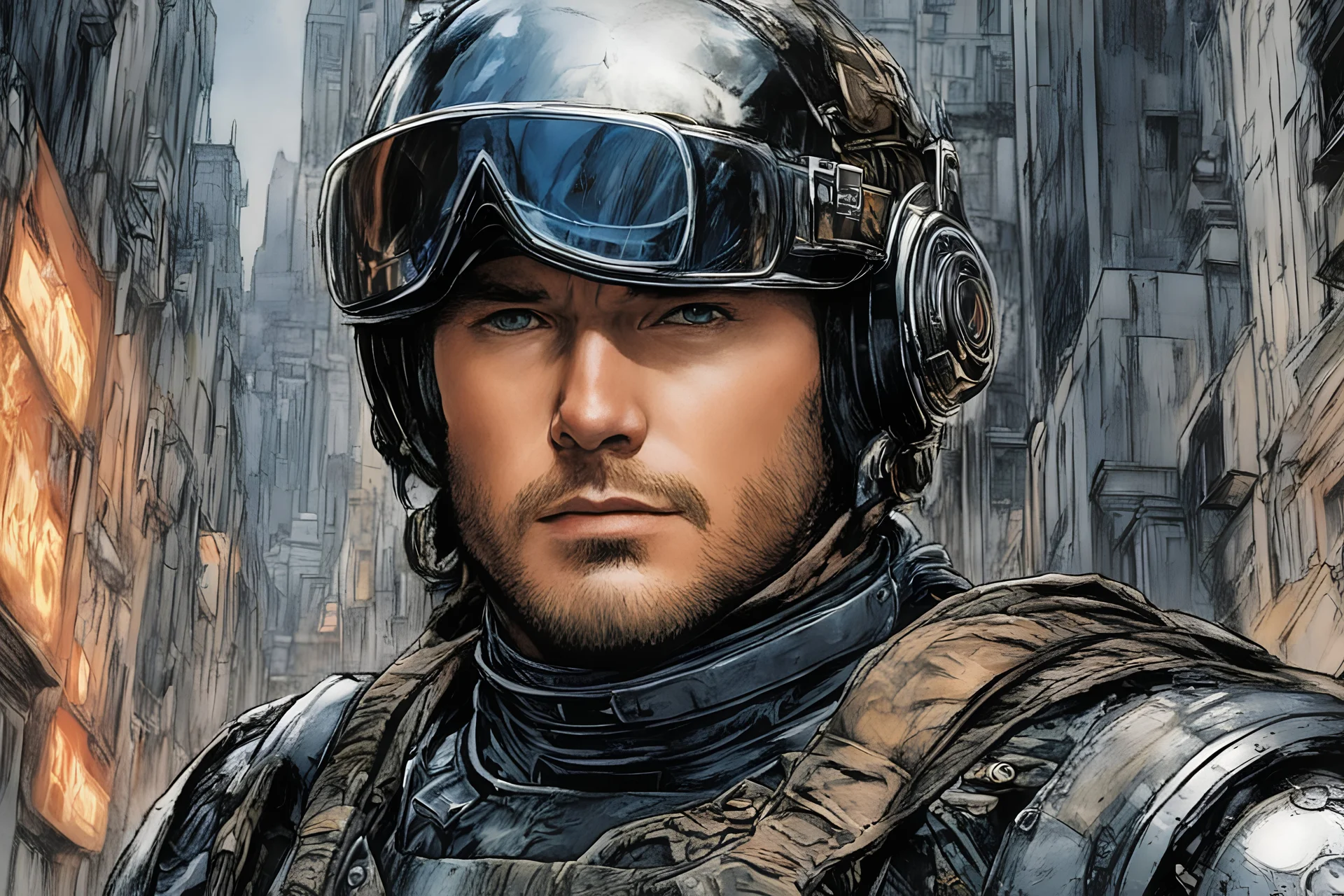 Chris Pratt as Techno Futuristic Knight, sci fi goggles and helmet in techno hill city, highly detailed eyes, as drawn by Bernie Wrightson, John Romita, romance comic book art, anime, 8k