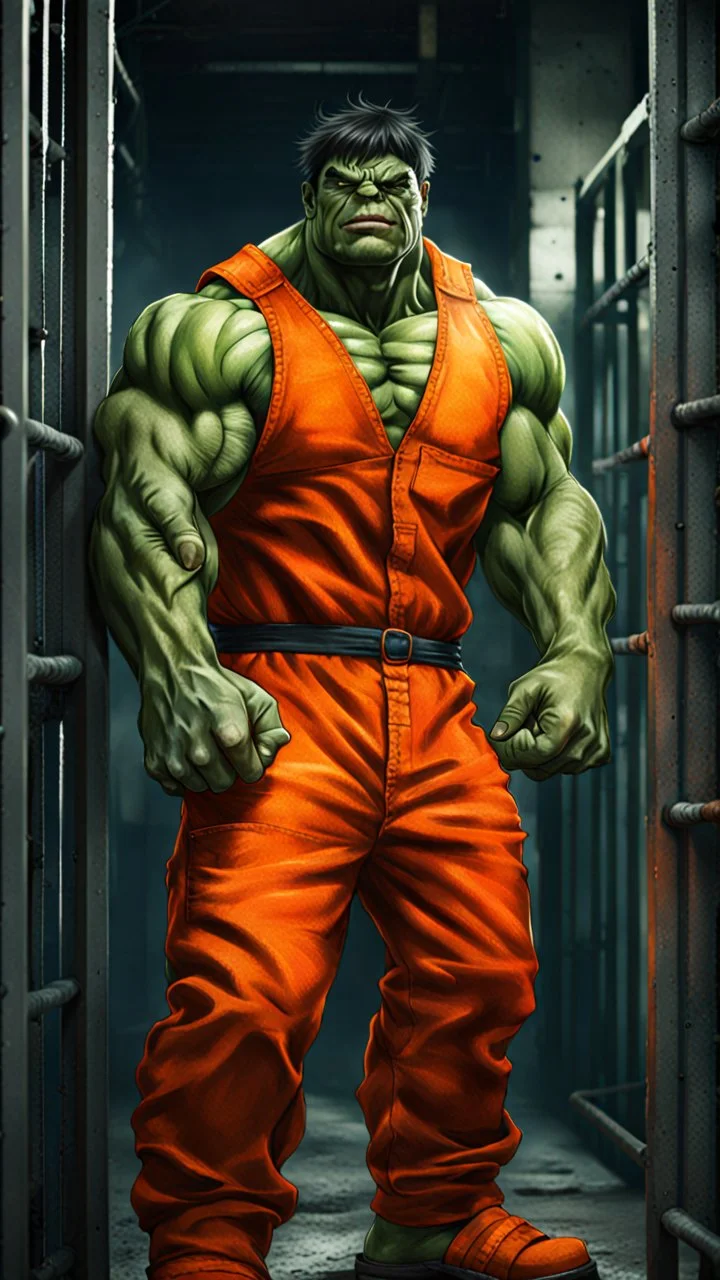 dark aesthetic, a cute hulk wearing an inmate orange jumpsuit outfit in prison, high detail, high-resolution, professional photography, ultra-detail, fantasy art