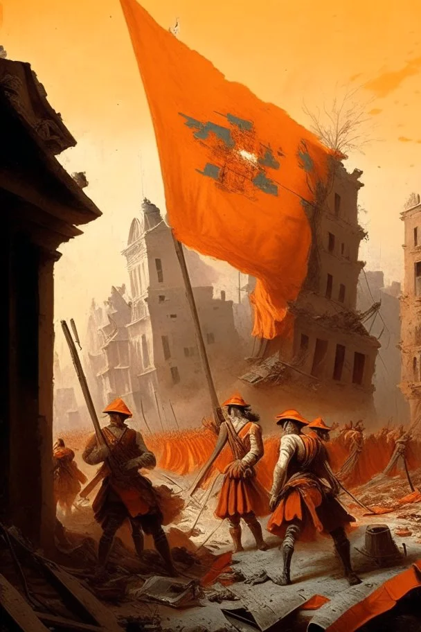 soldiers from the 1700s putting a orange flag in the middle of a destroyed city