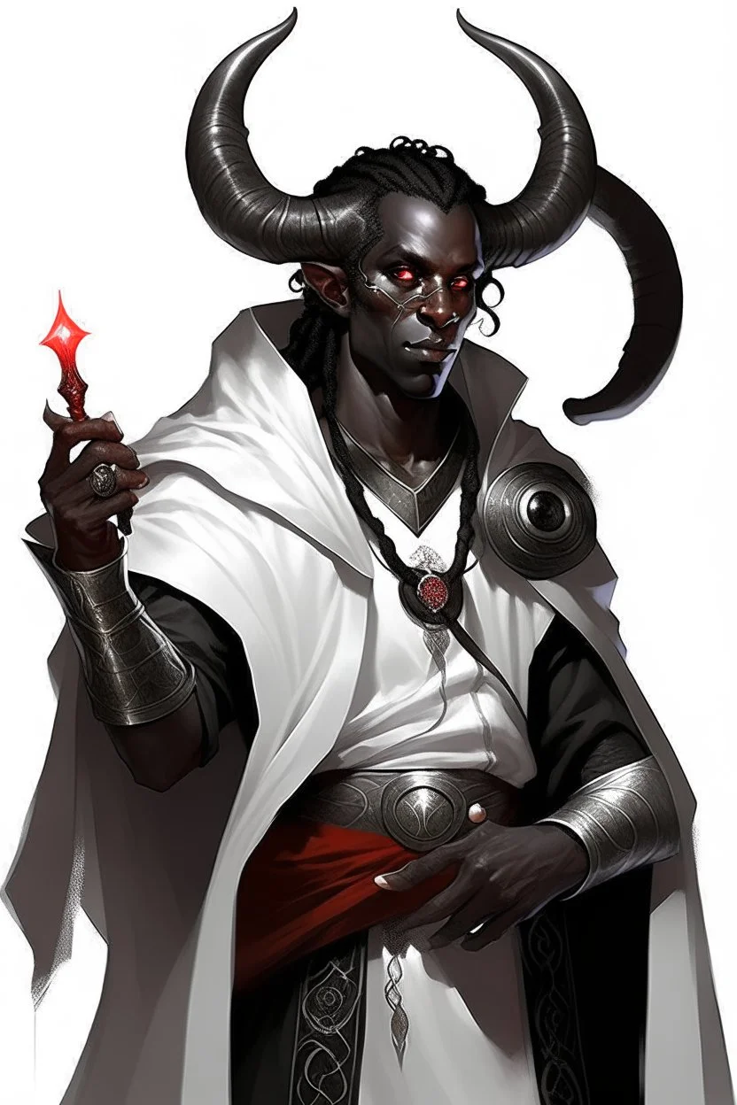 En Young male black skin black hair tiefling Wizard with large horns glowing Silver and White symbols Everywhere on his body. He's wearing silver and White Rope and a silver cloak. His horn a perfectly place on acet from the front to the back pointing upwards with glowing Red cat Eyes. His close is elegant get simple