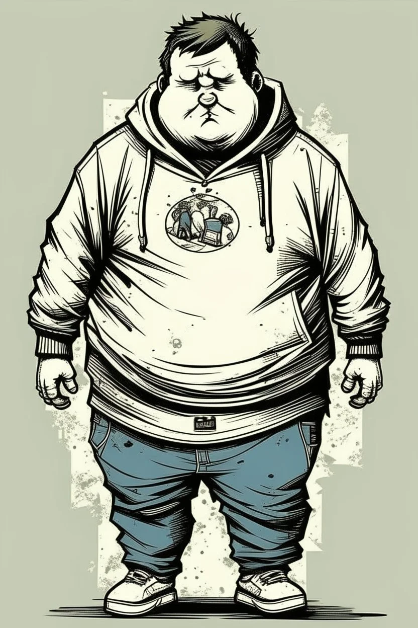 fat boy, hoodie , , ,, comic book art style, geek, engineer, t-shirt, jeans, drug addict, ,