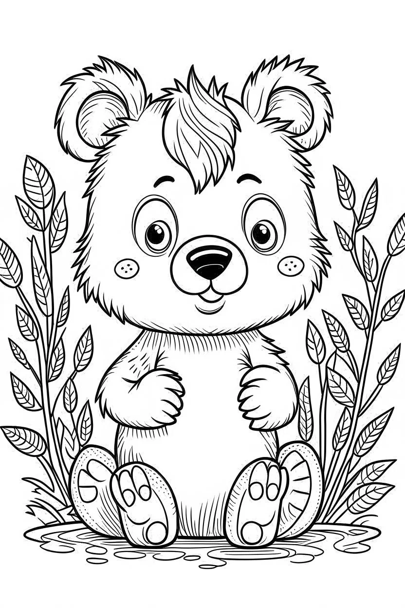 cute coloring page, sketch style, cute baby bear in the wood, cute cartoon, white and black, withe background, no shadows, outline.