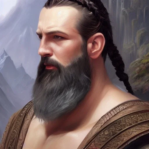 a _ fantasy _ style _ portrait _ painting _ of white male black hair short head stoic braided beard round face mountains rpg dnd oil _ painting _ unreal _ 5 _ daz. _ rpg _ portrait _ extremely _ detailed _ artgerm _ greg _ rutkowski _ greg