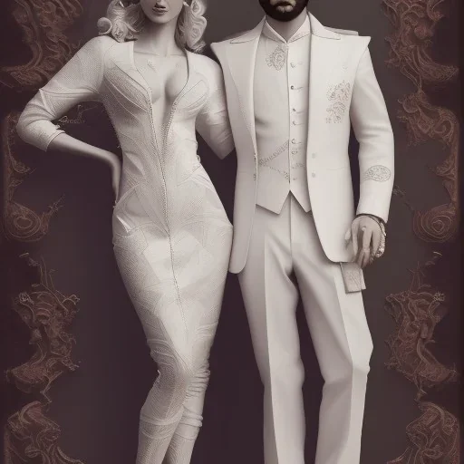 8K, a Highly detailed stunning portrait of Dom man with a submissive woman,woman pose nadu, a white suit, beard, and short hair,