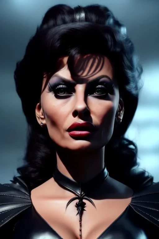 young sophia loren as evil queen in black leather, angry, stern look, volumetric lighting, particales,highly detailed,cinematic, deep colours,8