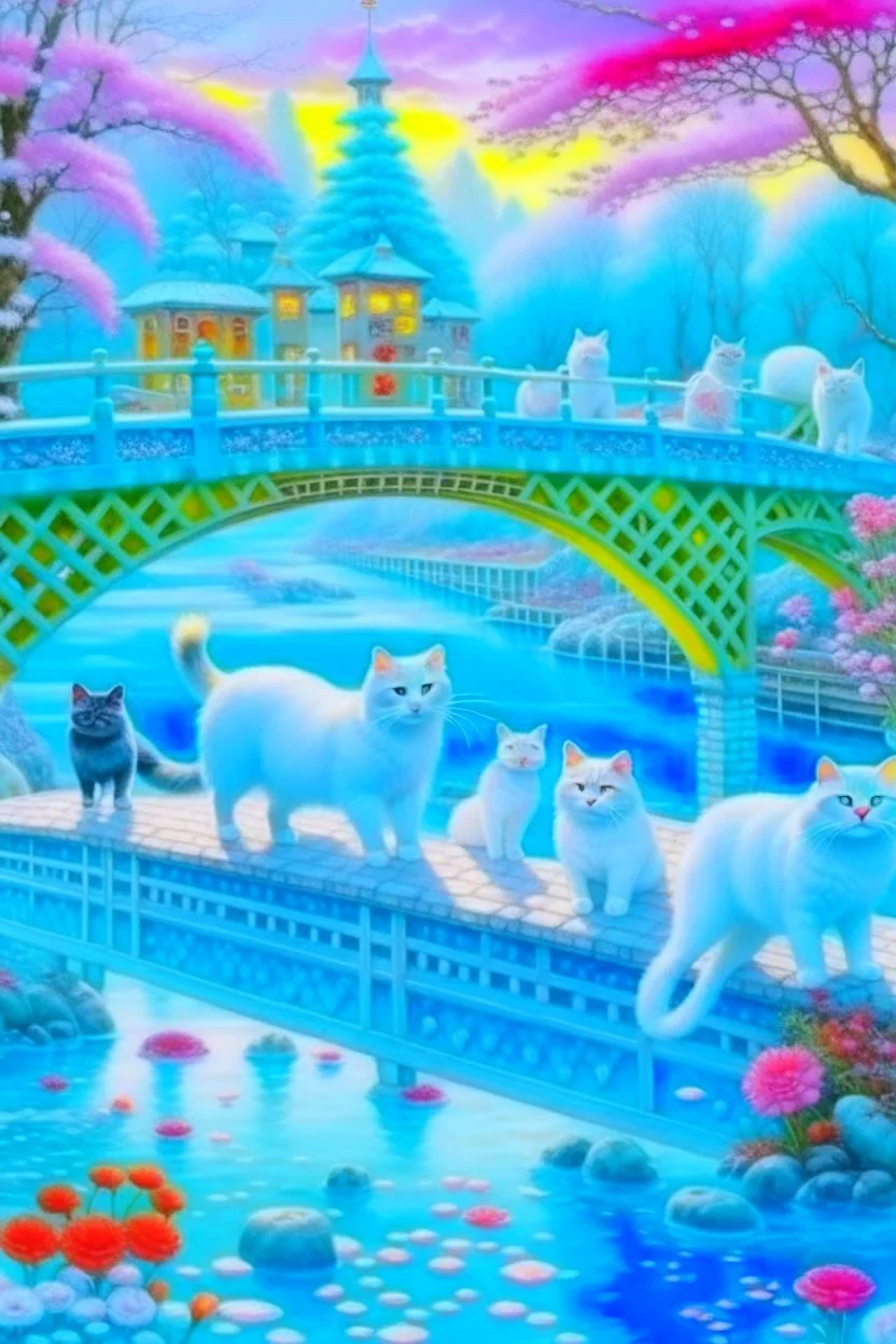 in the center: beautiful chunky white cats playing on a bridge with grey mice, under the brigde flows a small blue river; background: landscape, first plan: pink flowers: white clouds in shape of cats, season: winter and snowfall