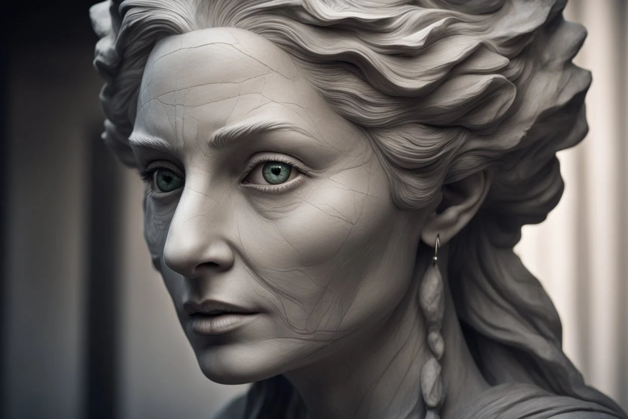 До превращения в статую — она была женщиной в возрасте, но старательно это скрывавшей. Ее черты были резкими, глаза — колючими и пронзительными.