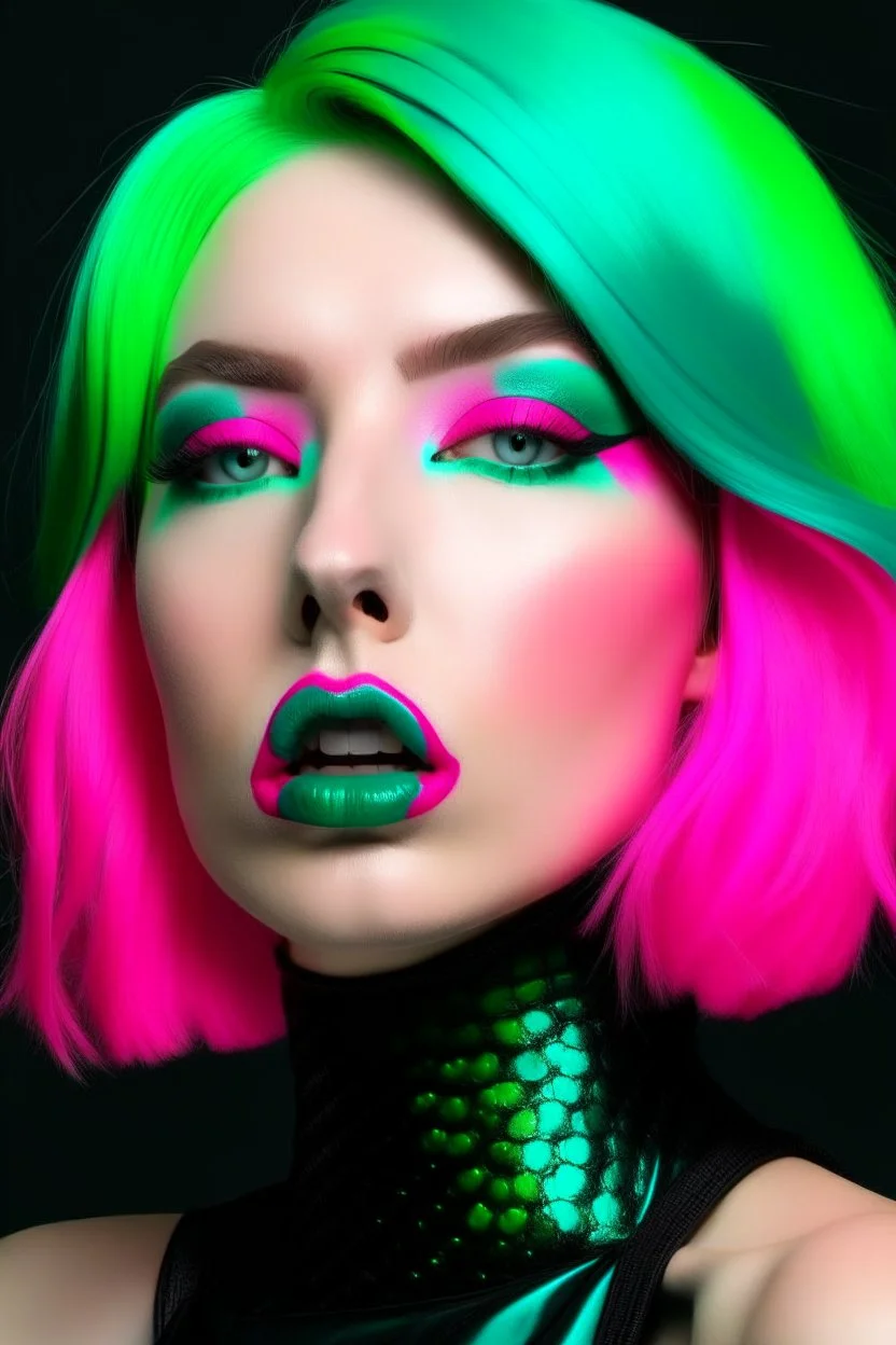 Mint girl face with rubber effect in all face with fuxia rubber effect hair and black rubber effect lips