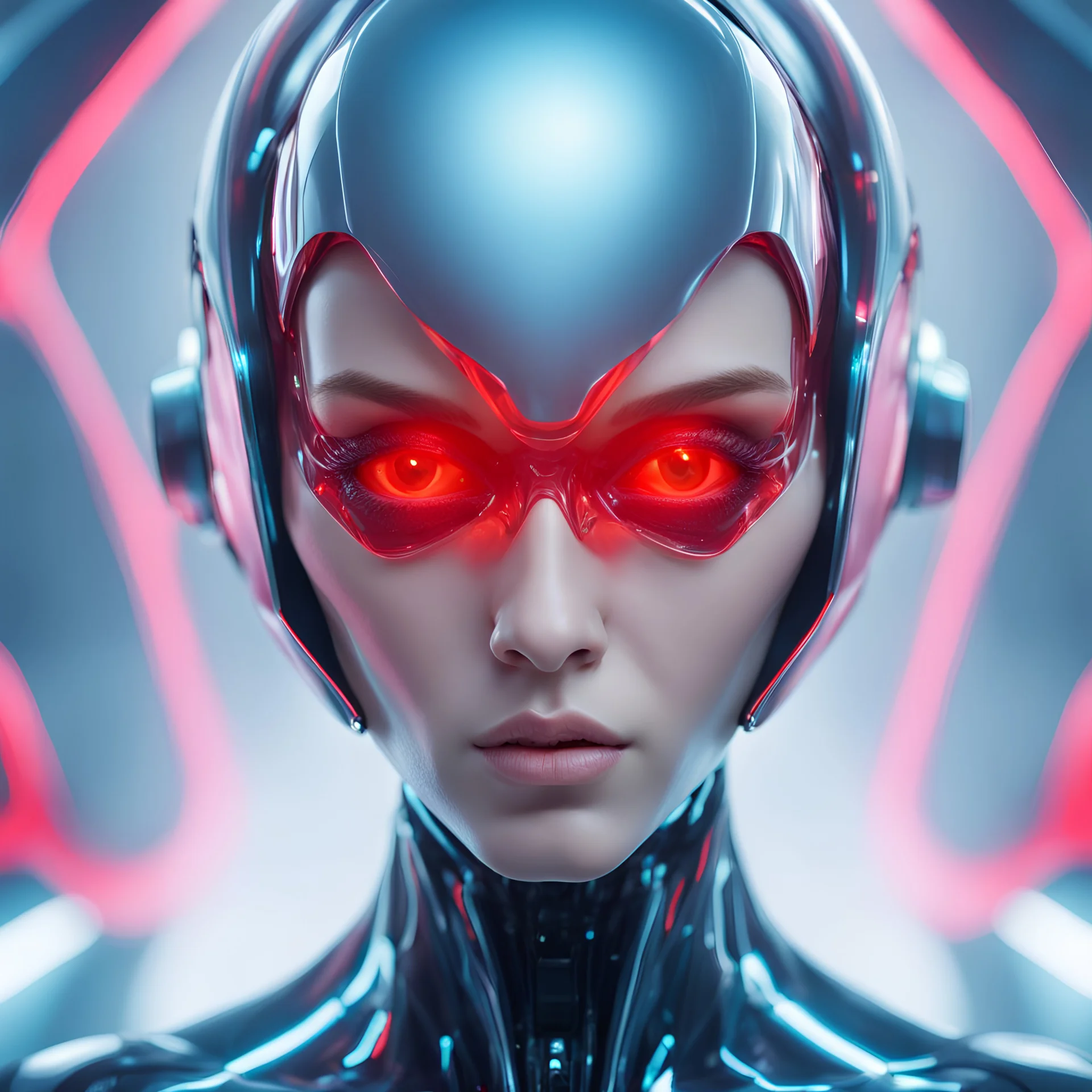 create a a close up of a person with red eyes, inspired by Yanjun Cheng, afrofuturism, android body, futuristic shapes, vektroid album cover, glowing porcelain skin, singularity sculpted, etsy, alexey egorov, virtual self, flora borsi, futuristic clothing and helmet, made of glowing oil, glass skin