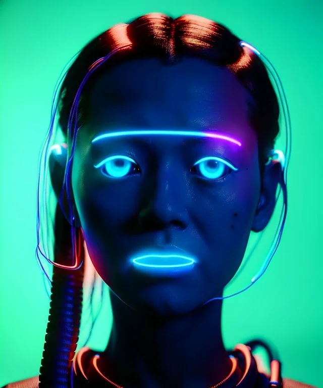 Ultra realistic photographic night portrait, cinematic, <Asian woman> many wires coming out of the head <perfect pupil><glow eye> <cyborg arm> <garage> <wide angle Shot> <retro futuristic> <thriller>, neon lights, color fog, soft color, highly detailed, unreal engine 5, ray tracing, RTX, lumen lighting, ultra detail, volumetric lighting, high definition.