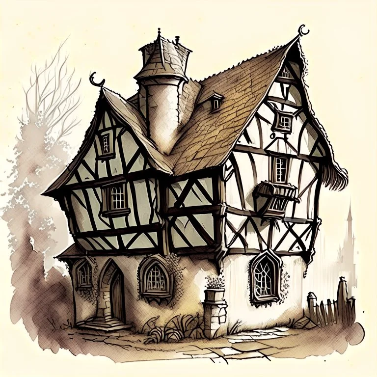 drawing of a medieval house in the style of art novel