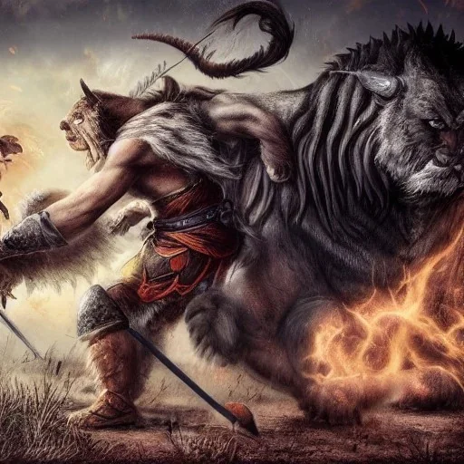 Warrior battling the beast