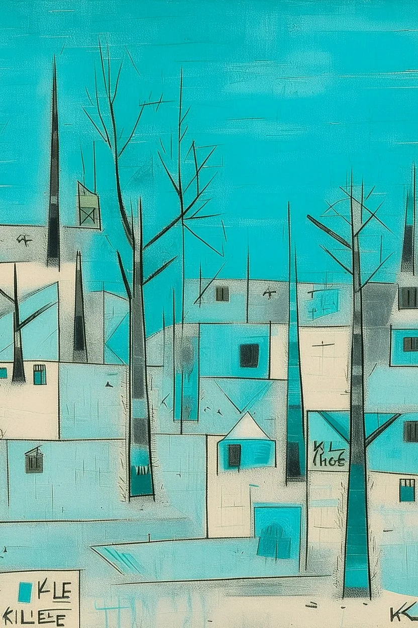 A turquoise snowfield in a blizzard painted by Paul Klee