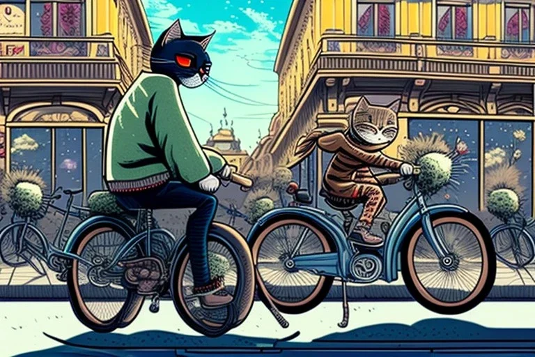 One single cat wearing jeans and sweater, riding on a bike in Vienna, perfect iris, manga style, cute