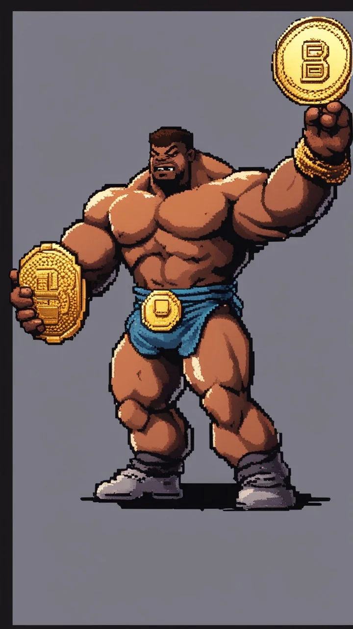 black hunk original pixel art Abobo from double dragon holding up a dog sized golden coin with a print of himself