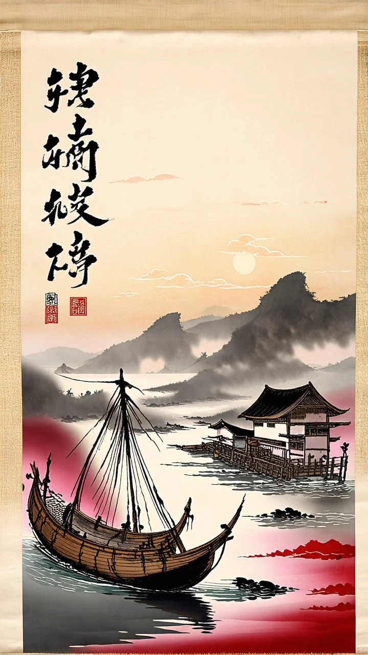 An ancient Chinese scroll painting with vertical Chinese character calligraphy flourishes, featuring a Junk in an Asian misty sunset fishing village, dramatic landscape, Chinese art style, silkscreened mind-bending illustration, fine detail, stunning masterpiece, warm colors, rule of thirds, warm colors, red and pink tints, inspired, expansive, with traditional Chinese ink wash techniques for shading