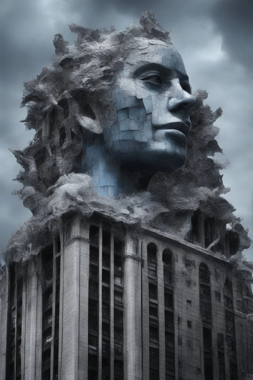 surrealis monochrome A fragmented, surreal sculpture liguid blue color of photorealistic image 3d,psychedelic art glossy emerging from devilish a crumbling empire state building. The face appear and intricate details, evoking a haunting expression. set against a backdrop of stormy, cloud-filled skies. bauhaus art The overall tone is dark blue and moody, suggesting themes of decay and transformation.