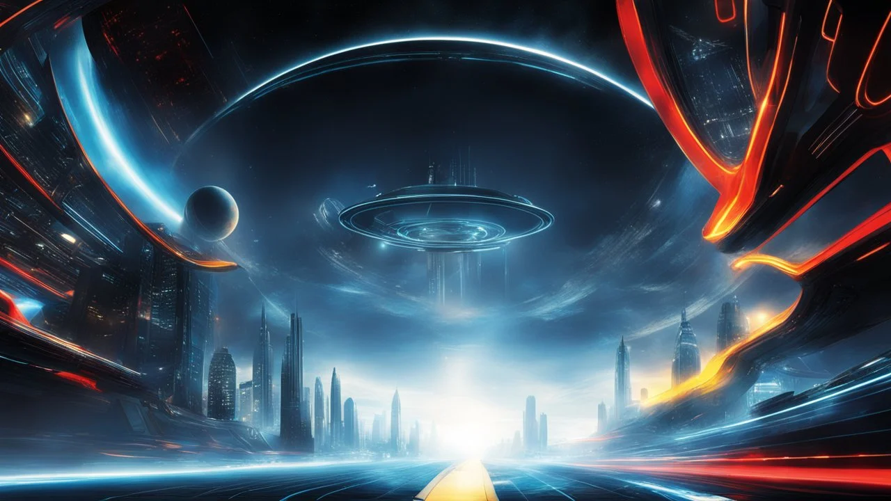 tron legacy movie, city of lights blue, red and yellow , programs, space ships, clouds, planets