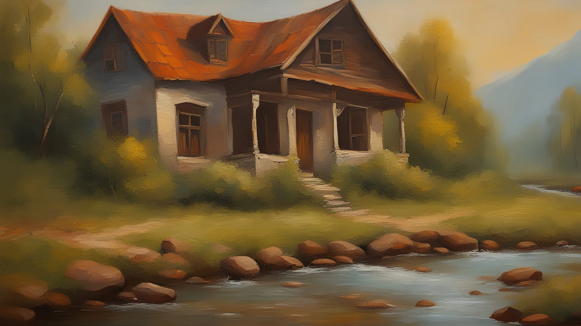 oil painting old house near water stream