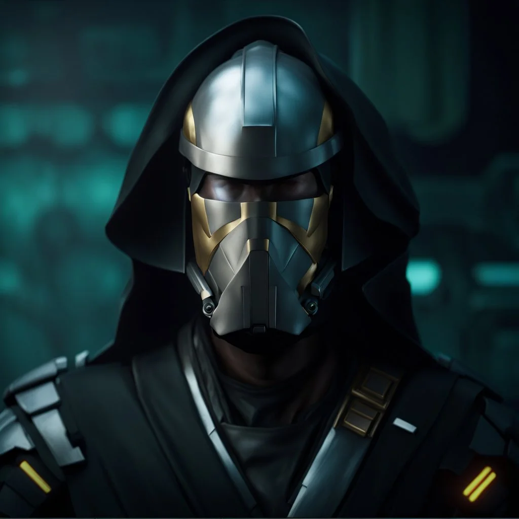 star wars bald male corellian pilot wearing pearlescent black and gunmetal grey First Order special forces heavy assault armor and helmet with gold trim inside the jedi temple, centered portrait, hyperdetailed, dynamic lighting, hyperdetailed background, 8k resolution, volumetric lighting, light skin, fully symmetric details