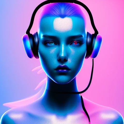 woman teenager, headphones, retro futuristic, Bang & Olufsen, shaved hair, leather, gradient color, BLUE, PINK, CYAN, neon, insanely detailed, 16k resolution, perfect eyes, cinematic smooth, intricate detail