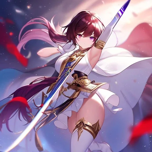 Clear focus, High resolution, Black red faded hair, low small ponytail, purple dead glowing eyes, white detailed split skirt, purple and white detailed sleeveless shirt up to neck, white gloves up to elbow, holding sword, gold necklace, white thigh high boots, zoomed out, (solo)