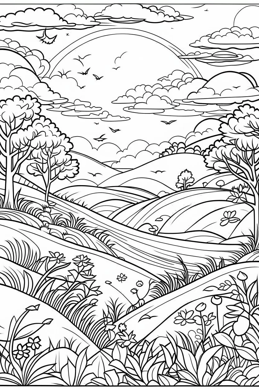 freedom sitoation , coloring book page, simple and clean line art, adult drawing book, low details, black and white, crisp black lines, no shades, sharp lines, coloring book for adults, cartoon style, landscape