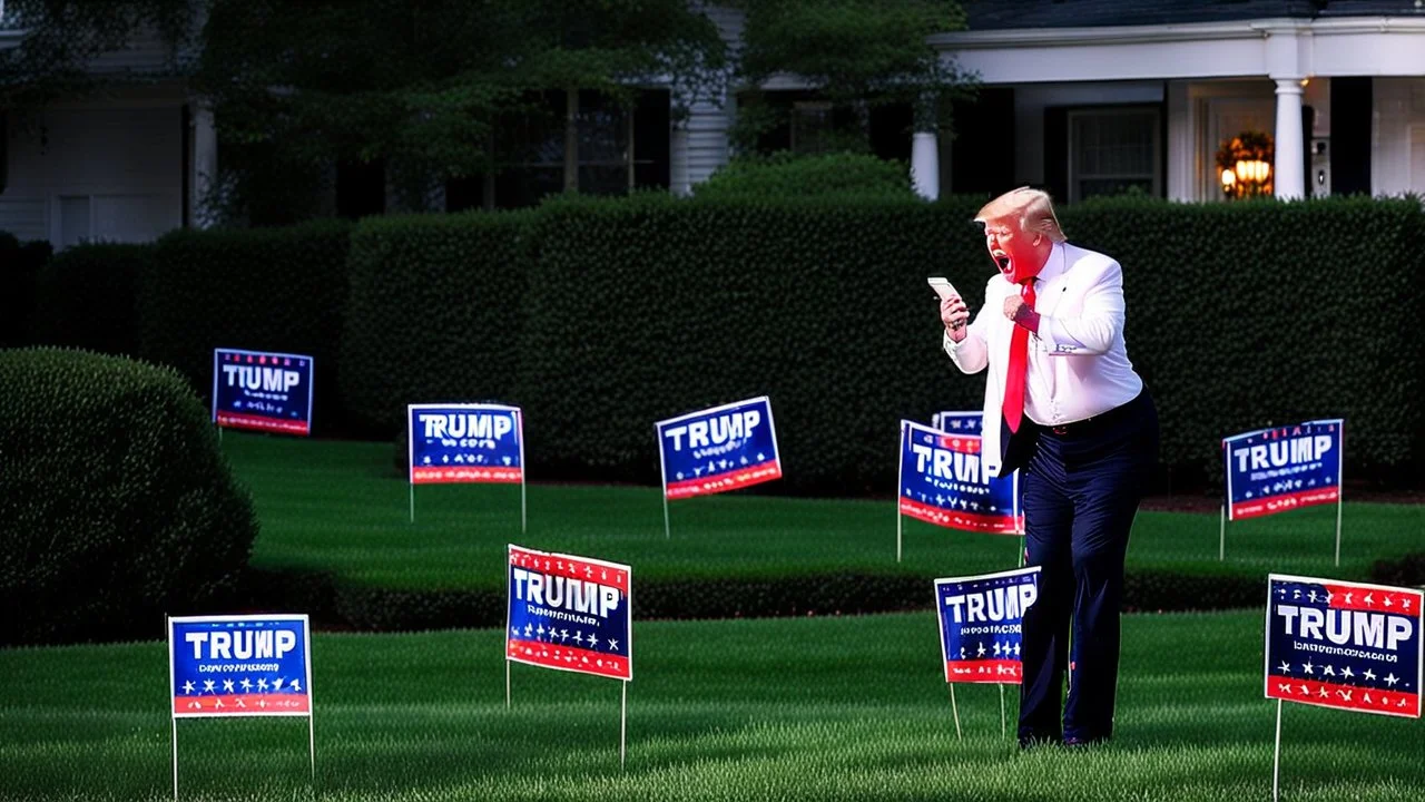 man in drag screaming on phone with trump 2024 campaign signs all over lawn