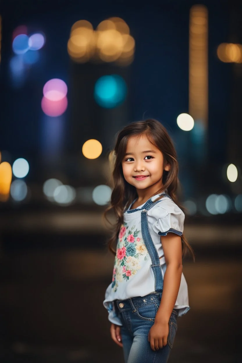 Little 6 years old beautiful girl perfect face,1girl wearing a pretty shirt and jean pant, standing pose,modern city ,night view