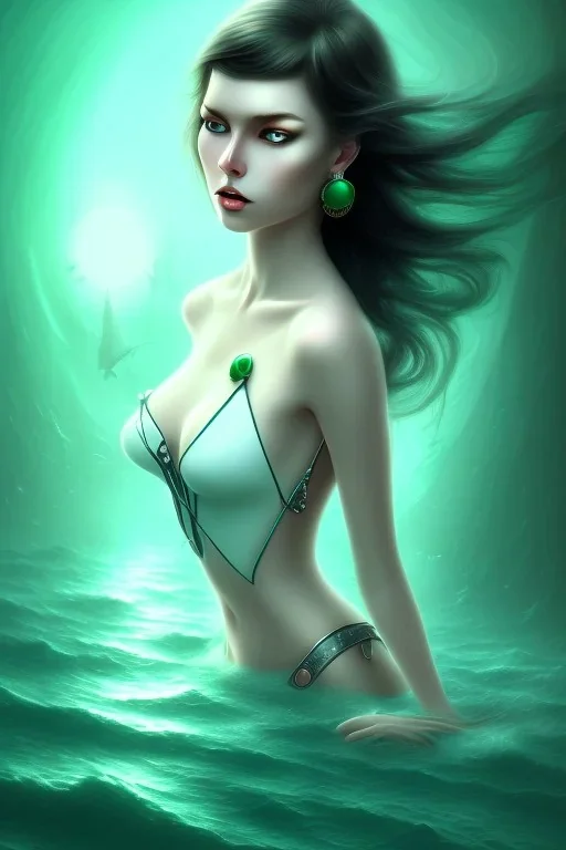 lady muse with black hair green eyes top in the ocean