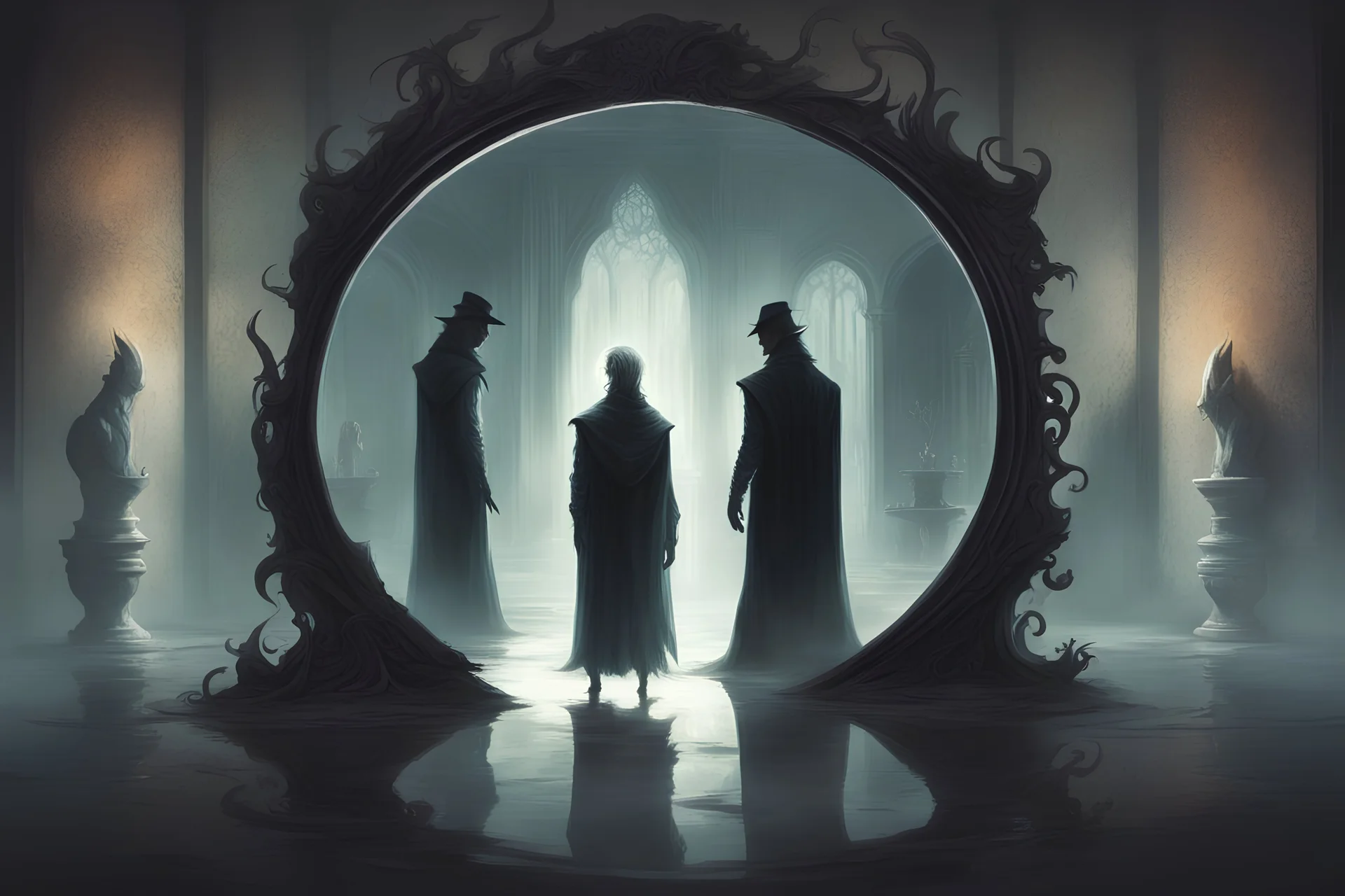 fantasy concept art, mystical shadow-man in mirror