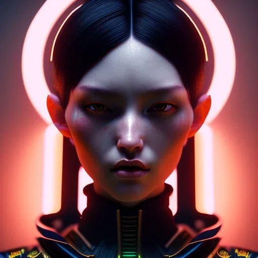 caucasian Woman, short black hair, samurai, cyberpunk, neon, highly detailed, art stations, concept art, smooth, unreal engine 5, god rays, ray tracing, RTX, lumen lighting, ultra detail, volumetric lighting, 3d, finely drawn, high definition, high resolution, gradient background