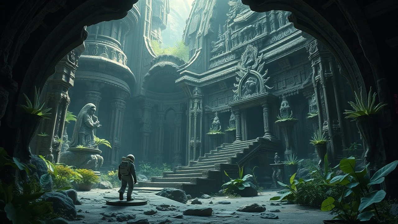 A lone astronaut exploring an abandoned, alien temple filled with intricate carvings and architectural flora that react to their presence, award-winning photograph, beautiful composition, exquisite detail and illumination