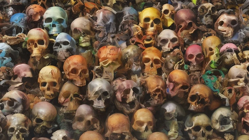 a picture of a dark, comedic, anatomically correct wall of colorful tightly packed skulls of varying sizes and expressions, photo realistic, insanely meticulous, highly detailed, part of a collection of bones on display, 64k, dystopian, vray