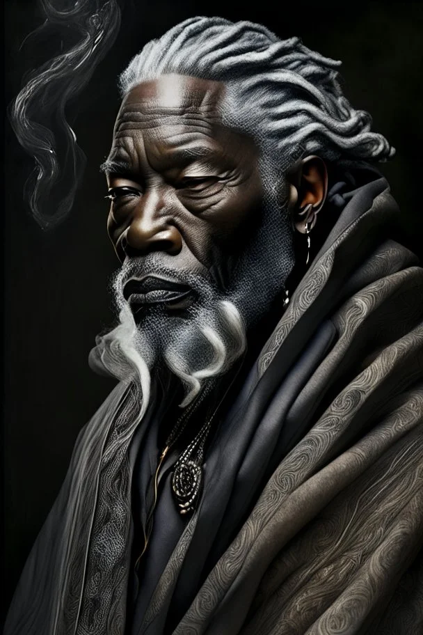 a photo of an African man with ethnic jewelry, grey hair and grey flowing robe, in style of Annie Leibovitz, contemporary portrait of a mature yet beautiful and modernist man, black and grey, detailed masculine face, swirling fluid smokey enigma, award-winning artwork