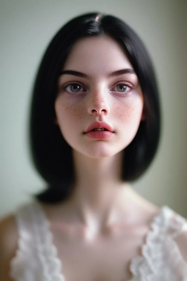 An incredibliy detailed medium close up macro shot of a 20 years old beautiful girl, long dark hair, an artistic portrait, detailed skin, detailed hair, facing to the camera, looking at the camera, dreamy mood, realistic, low aperture, bright image, Leica Q3, corner in the white room, white background, sunlight from the window, shadow of the window frame, golden hour