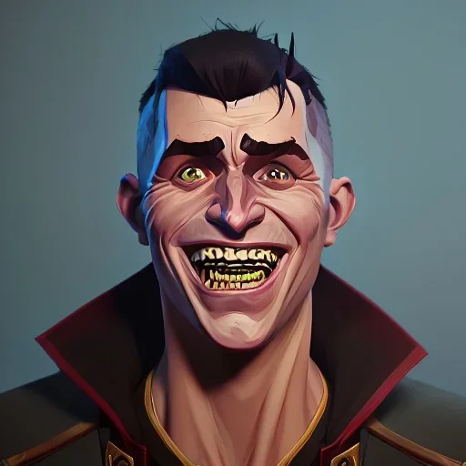 a portrait of an autistic man with a few teeth, smiling