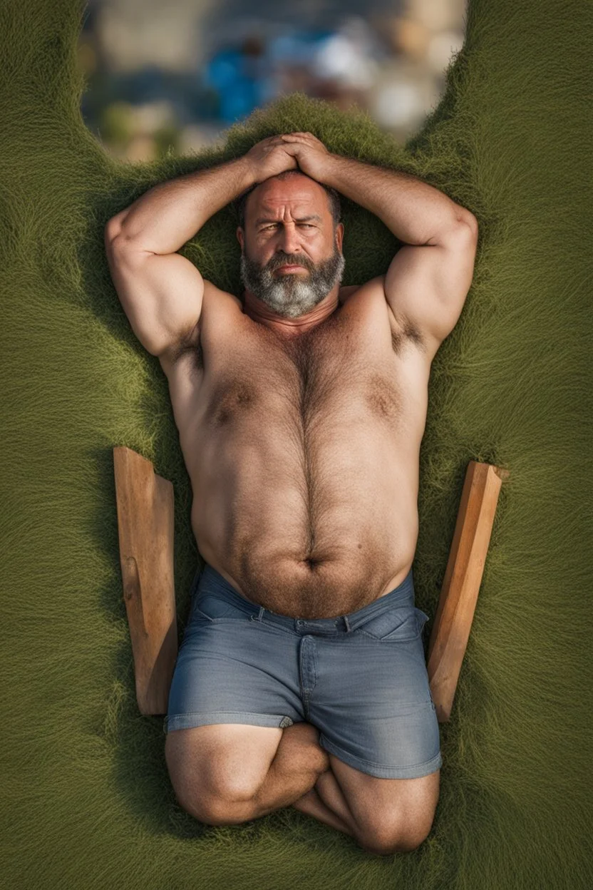 close up, aerial top view shot photography of an ugly 41 year old beefy big robust burly turkish carpenter , relaxing in the meadow, , hands behind the head , wearing bulging shorts, shirtless, hairy chest, manly chest, manly legs, serious, very virile, short beard, shaved hair,, , in a sunny day, photorealistic , photorealistic