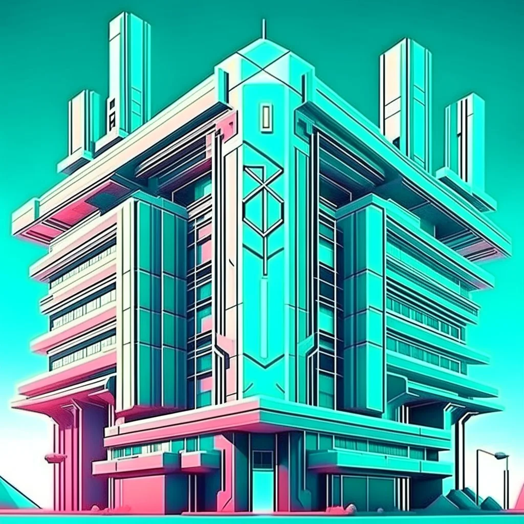 cyberpunk retro futuristic hospital building with cross sign for comics