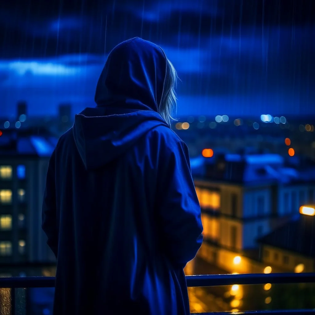 girl in a raincoat, viewed from behind, watching the empty city, at midnight, dark grey colours, rainy, atmospheric, photo quality