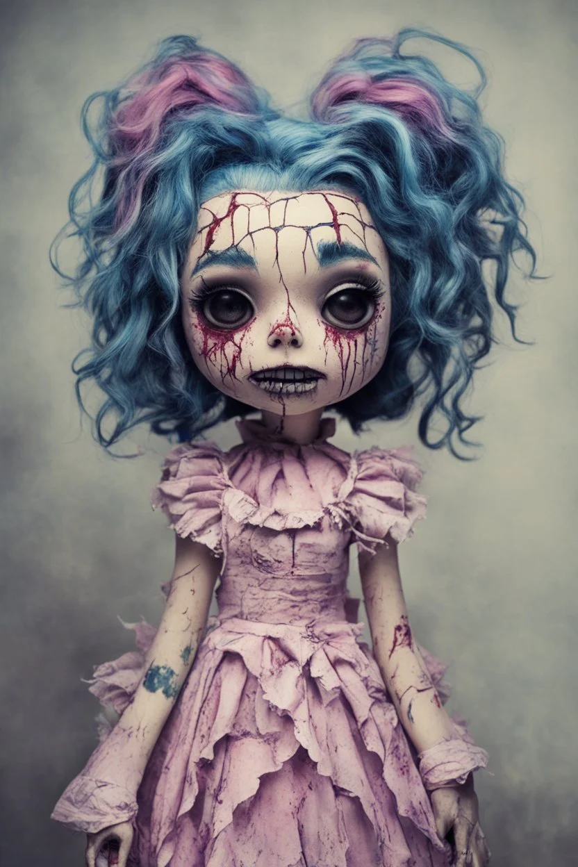 full color, illustration of a dark, menacing, monster girl Singer Melanie Martinez , as a decayed, broken, crude homemade cloth doll toy, with a narrow cracked porcelain face, thick dark eyebrows, hair made from ragged strips of cloth, in the style of Alex Pardee, Tim Burton, and Nadya Sheremet