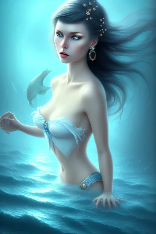 lady muse with black hair blue eyes top in the ocean