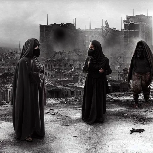 women, faces covered in black masks, ragged clothes, holding flag, realistic, Life Magazine photgraphy, war-torn, destroyed city in the background, 8k resolution, hyperrealistic, detailed matte painting, b&w, dynamic lighting, war, anarchy, terrorists, George Grie, Ben Goossens, brian froud, howard lyon, selina french