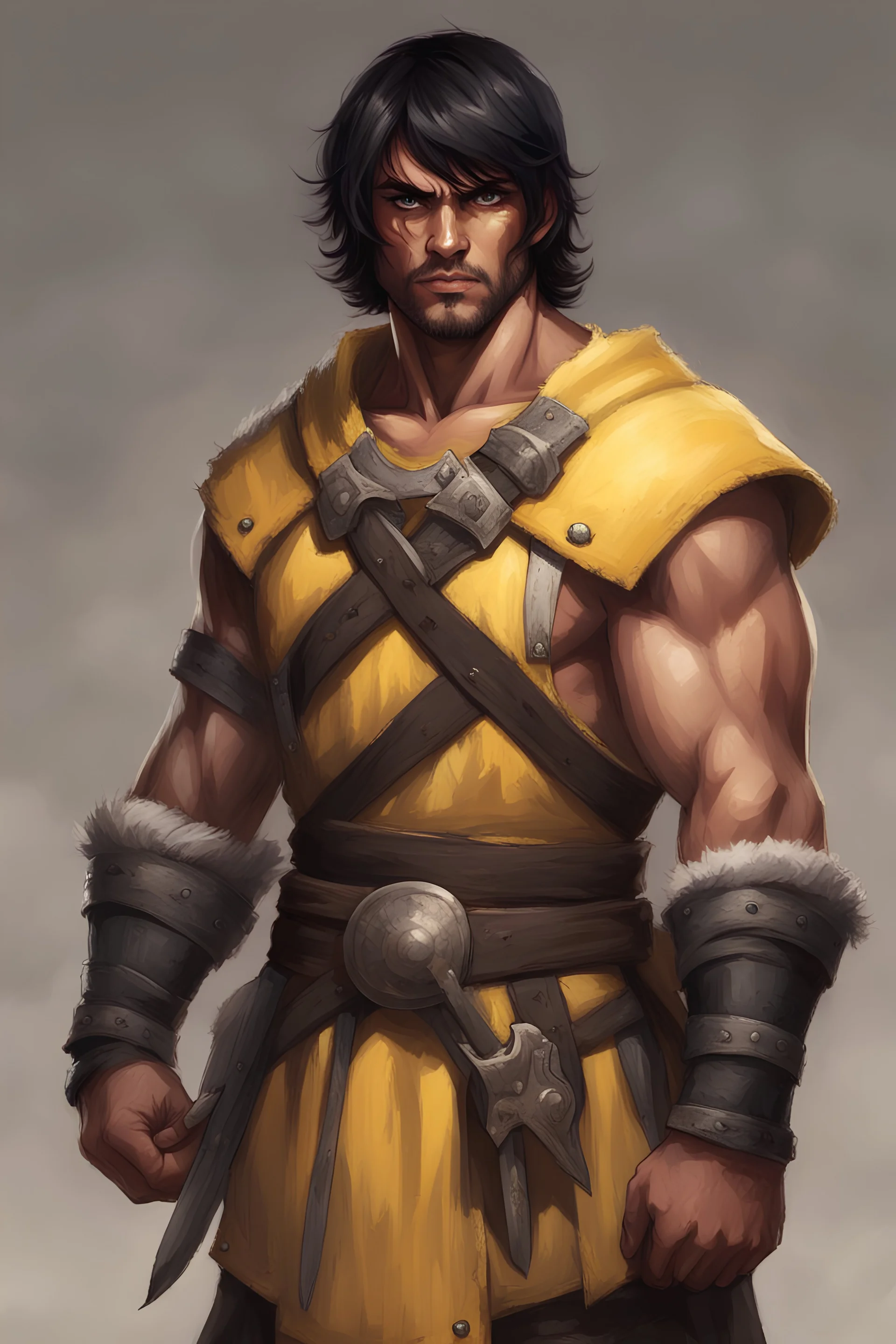 Tan skin adult human, buff barbarian, brown eyes, short black hair, wearing a yellow and black medieval tabard, empty handed