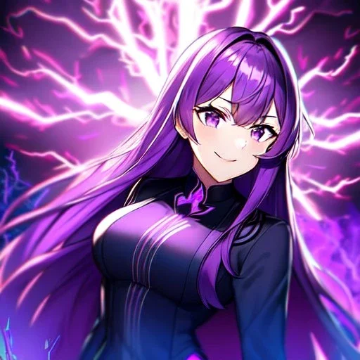 Clear focus, 8k, high quality, detailed, beautiful lighting, girl, vibrant colors, purple long hair, vibrant purple eyes, lightning magic, smile, angry